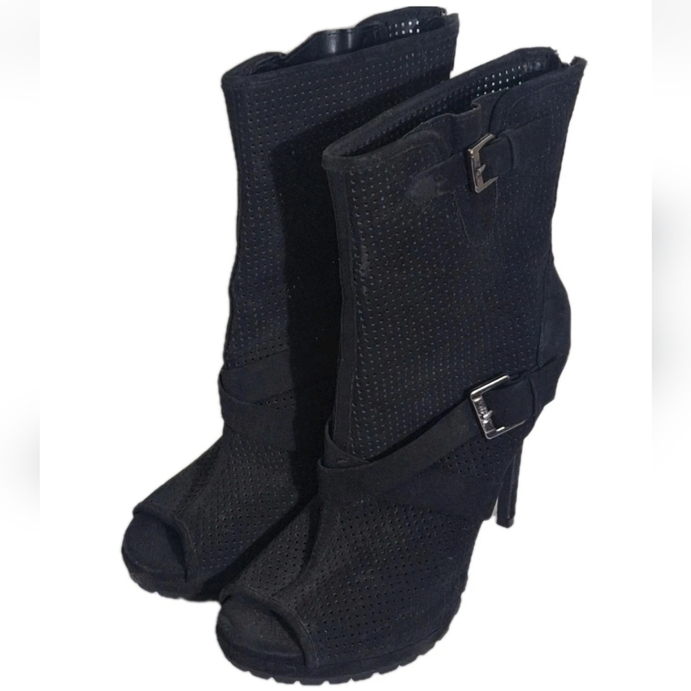 Juicy Couture Fabia Black Perforated Peep Toe Heel Booties Womens Size 9.5 EUC